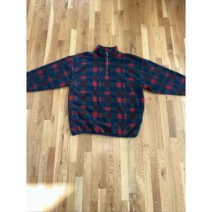 VTG SEARS TRADER BAY WESTERN PLAID FLEECE JACKET 1/4 ZIP RETRO GREEN RED MENS XL